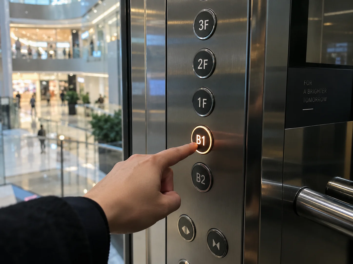 A hand pressing the B1 elevator button inside a mall