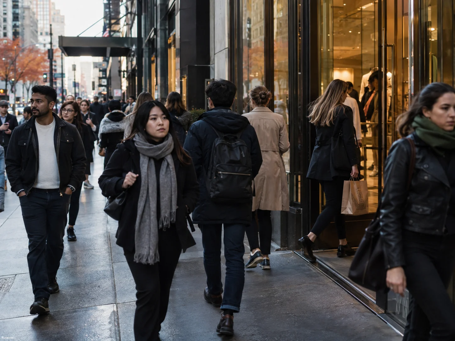 A busy New York sidewalk filled with pedestrians and storefronts