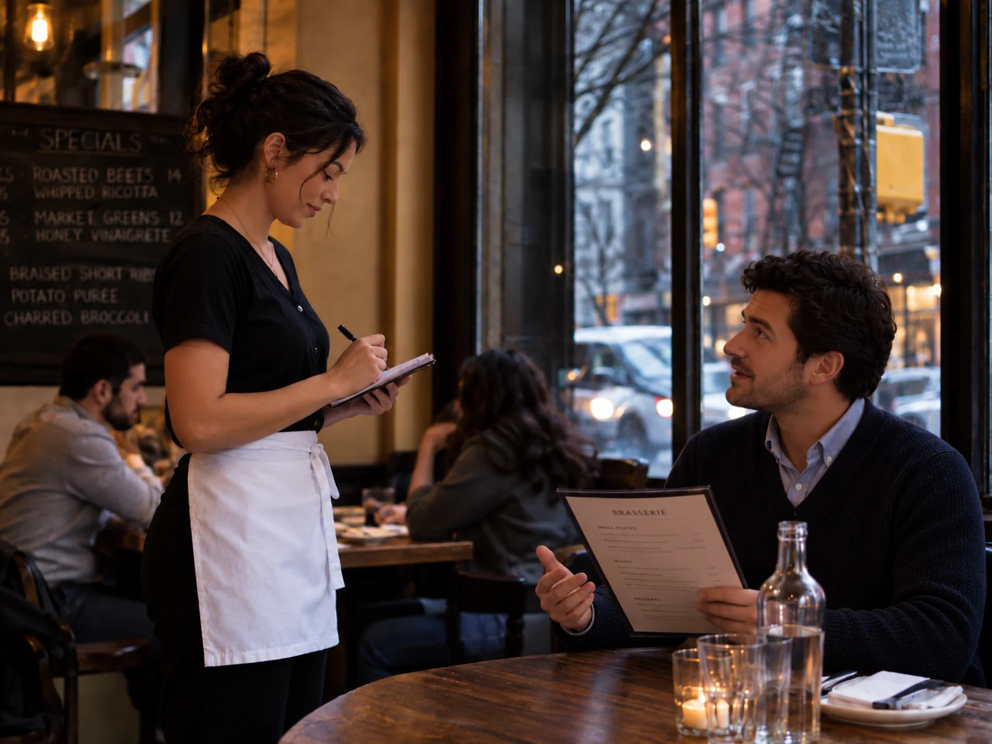 A server talking with a male customer in a New York restaurant