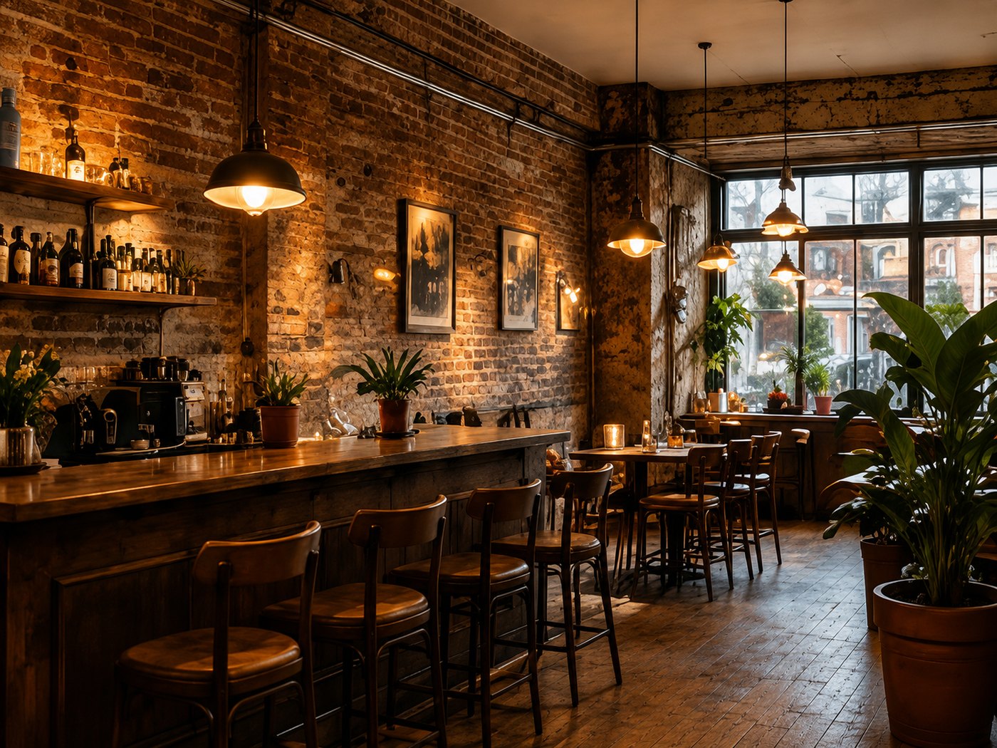 Warm restaurant interior with tables and ambient lighting